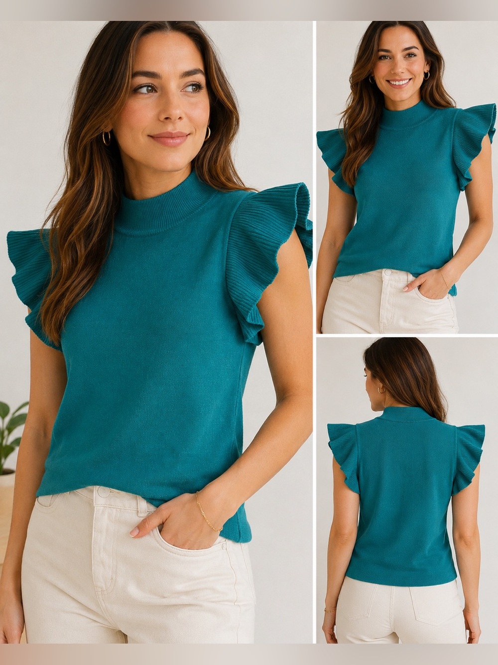 Nine West Teal Mock Neck Ruffle Sleeve Knit Sweater Top | Size Medium